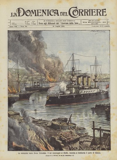 The Russian Battleship Kniaz Potemkin, Whose Crew Rebelled, Sets Fire and Bombards the Port of Odessa by Achille Beltrame